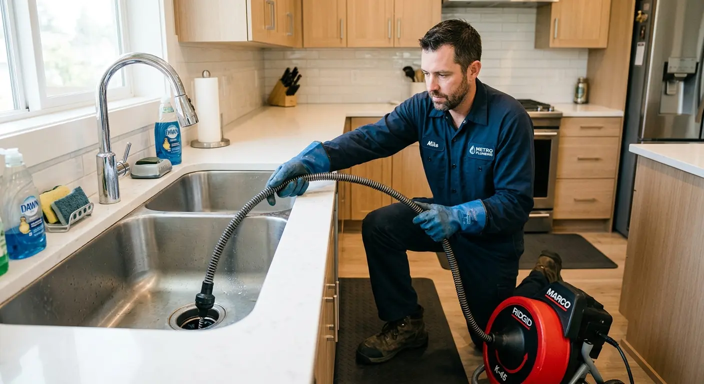 Drain cleaning technician using a motorized snake on a kitchen sink in Schodack