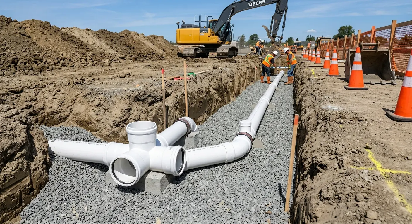 New PVC sewer pipe installation in open trench for Sewer Backup in Schodack