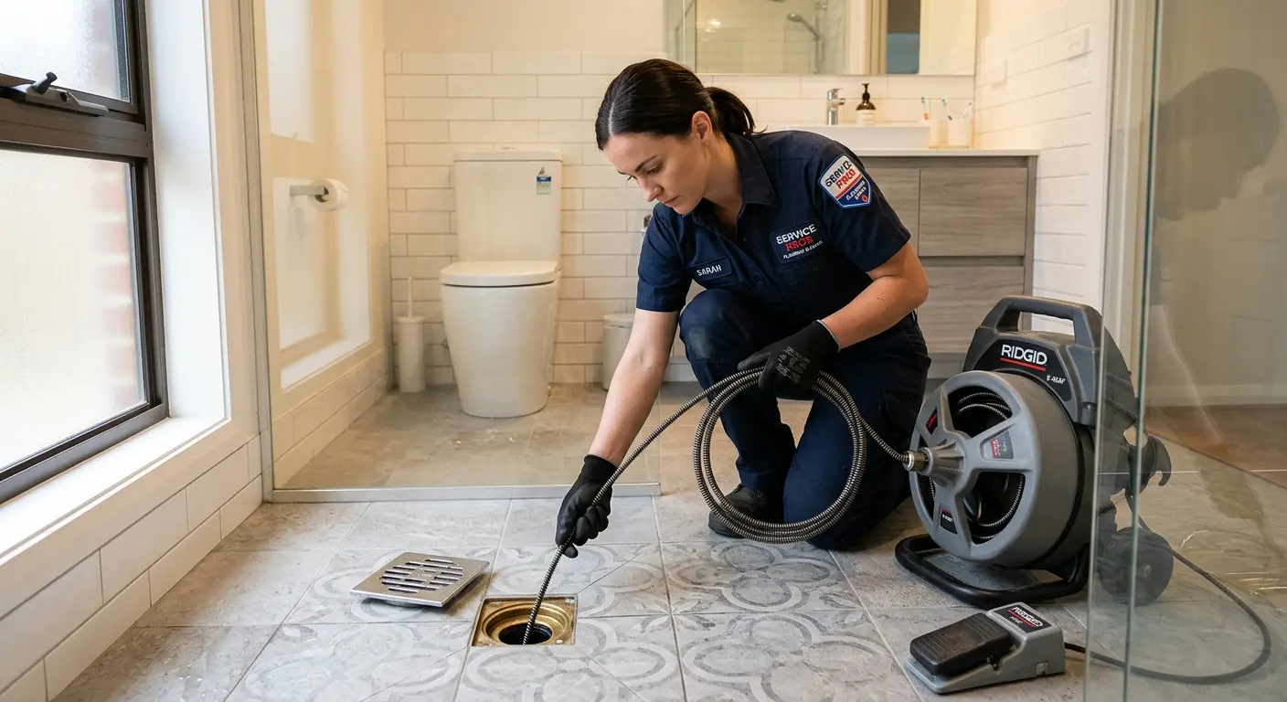 Technician clearing a bathroom floor drain for Sewer Line Installation in Schodack